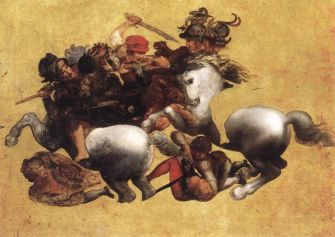 Léonard de Vinci, Bataille d'Anghiari (détail), 1503-1505, fresque, [https://fr.wikipedia.org/wiki/La_Bataille_d%27Anghiari_(Léonard_de_Vinci)#/media/File:Leonardo_da_vinci,_Battle_of_Anghiari_(Tavola_Doria).jpg].
